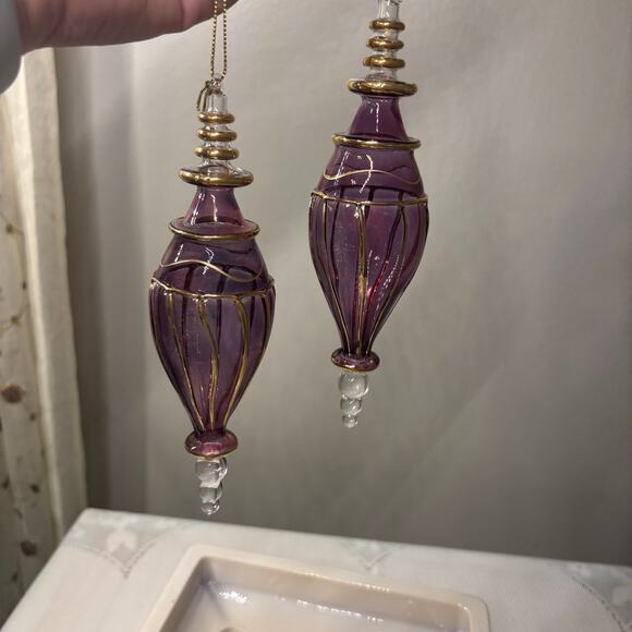 Vintage Blown Glass Christmas Ornaments Dillard's Trimmings Purple Gold Set of 2 - Picture 5 of 5